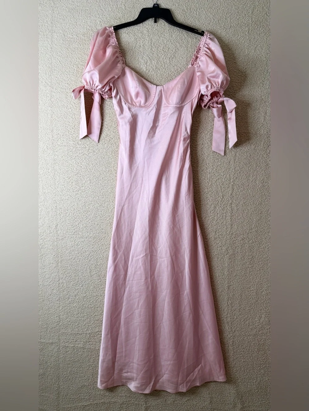 Lulus Santa Marta Blush Pink Satin Puff Sleeve Bow Maxi Dress Size S NWT